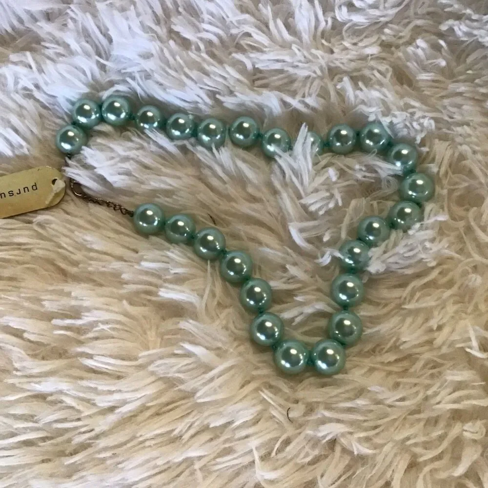 Pursuits Faux Large Teal Blue Green Pearl Necklace Lobster Hand Knot 18” NWT